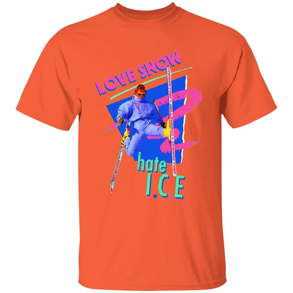 love snow hate i c e retro 80s style neon skiing shirt orange