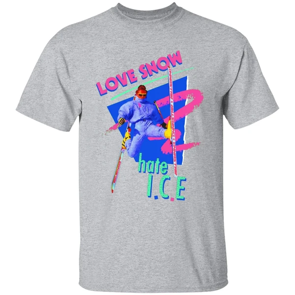 love snow hate i c e retro 80s style neon skiing shirt sportgrey