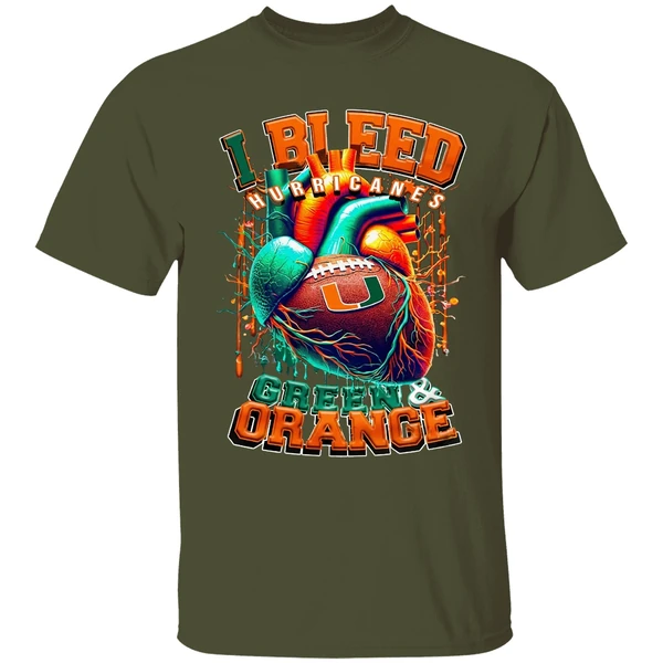 miami hurricanes i bleed green orange heart shirt militarygreen
