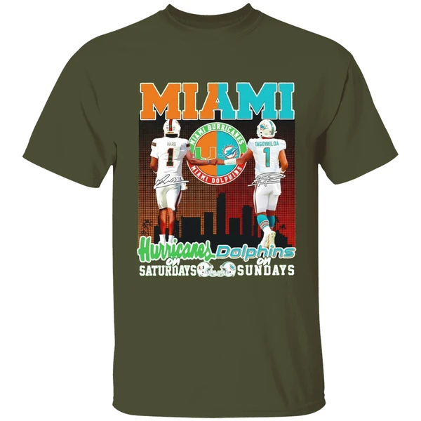 miami hurricanes on saturdays and miami dolphins on sunday shirt militarygreen