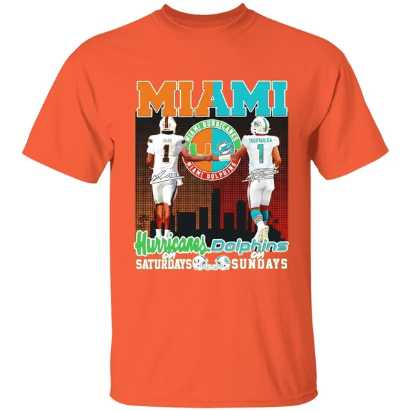 miami hurricanes on saturdays and miami dolphins on sunday shirt orange