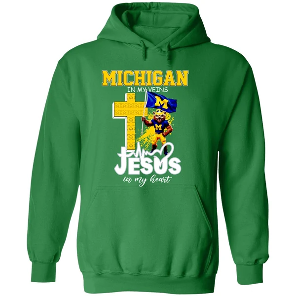 Michigan Wolverines Football In My Veins Jesus In My Heart Hoodie - Image 2