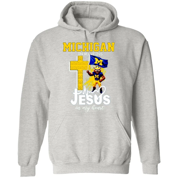 Michigan Wolverines Football In My Veins Jesus In My Heart Hoodie - Image 9