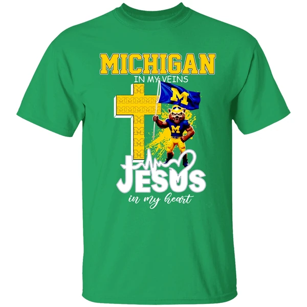 Michigan Wolverines Football In My Veins Jesus In My Heart Shirt - Image 2