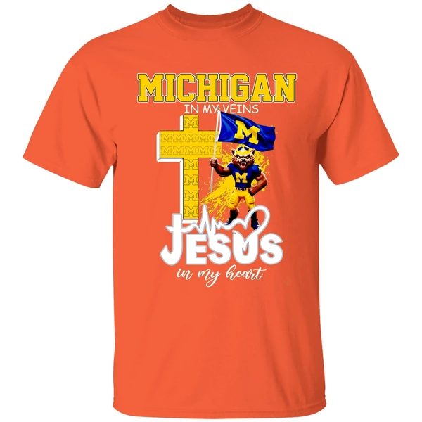 Michigan Wolverines Football In My Veins Jesus In My Heart Shirt - Image 6