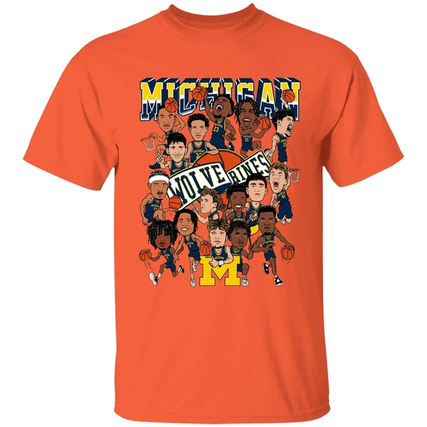 michigan wolverines mens basketball 2026 caricature shirt orange