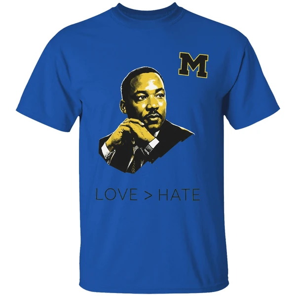 michigan wolverines mlk love greater than hate shirt royalblue