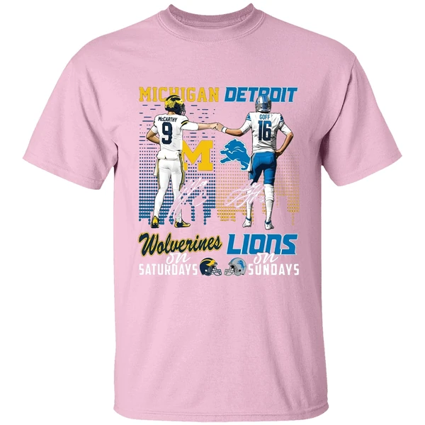 michigan wolverines on saturdays detroit lions on sundays shirt lightpink