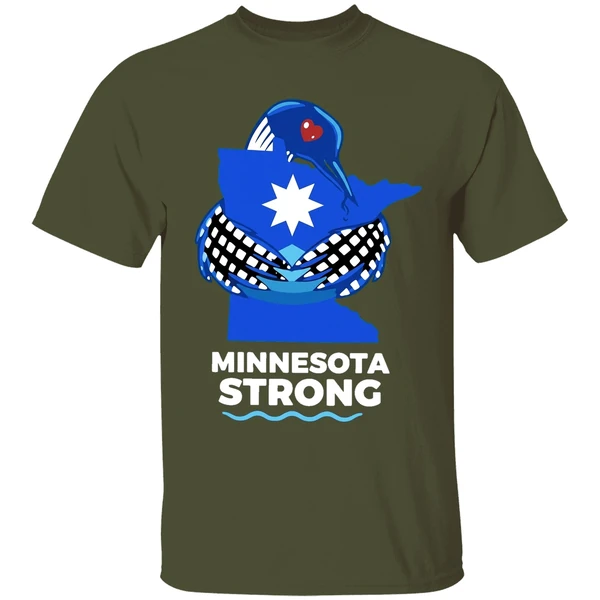 minnesota strong state outline loon with heart logo shirt militarygreen