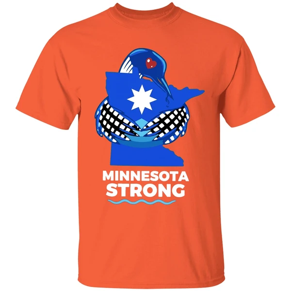 minnesota strong state outline loon with heart logo shirt orange