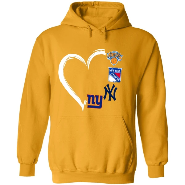 New York Knicks Rangers Yankees Giants 4 Teams Logo Heart 2023 Hoodie