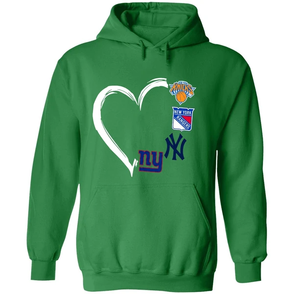 New York Knicks Rangers Yankees Giants 4 Teams Logo Heart 2023 Hoodie - Image 2