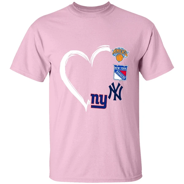 New York Knicks Rangers Yankees Giants 4 Teams Logo Heart 2023 Shirt - Image 3