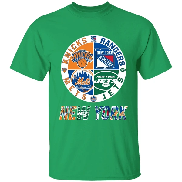 New York Sports Teams Knicks Rangers Mets Jets Logo Shirt - Image 2