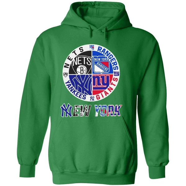New York Yankees Nets Rangers Giants 4 Teams Sports Circle Logo Hoodie - Image 2