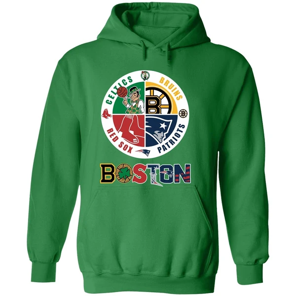 Nice Boston Four Major Sports Teams Circle Emblem Hoodie - Image 2