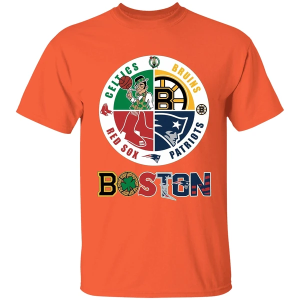 nice boston four major sports teams circle emblem shirt orange