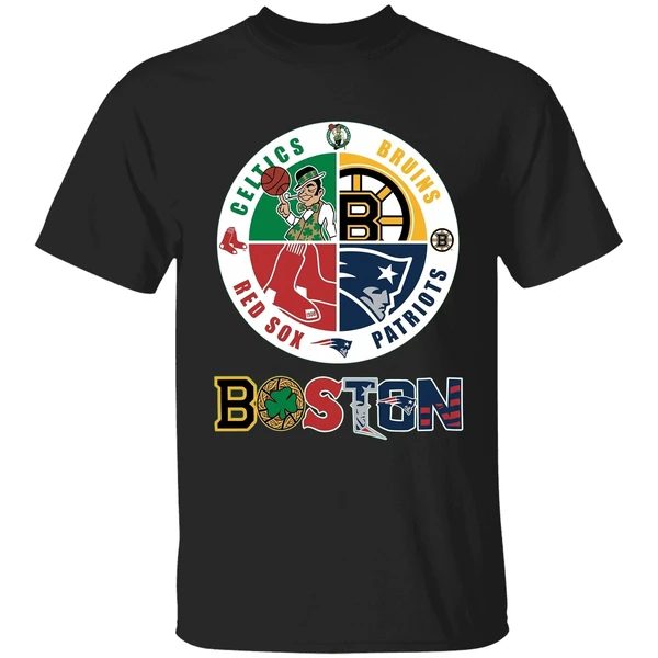 Nice Boston Four Major Sports Teams Circle Emblem Shirt - Image 7