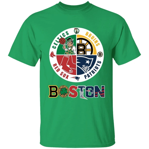Nice Boston Four Major Sports Teams Circle Emblem Shirt - Image 8
