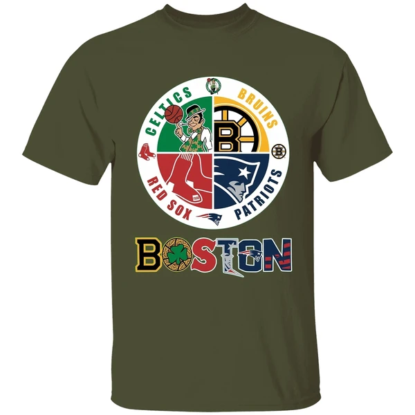 Nice Boston Four Major Sports Teams Circle Emblem Shirt - Image 9