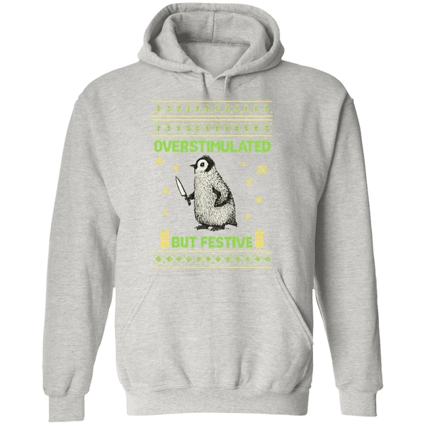 Overstimulated But Festive Christmas Ugly Penguin Hoodie - Image 9