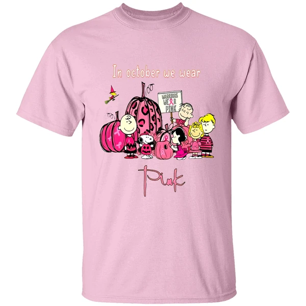 Peanut Snoopy Charlie Brown Friends In October We Wear Pink Breast Cancer Awareness Shirt - Image 2