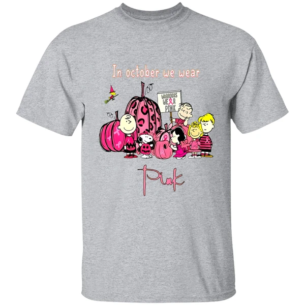 Peanut Snoopy Charlie Brown Friends In October We Wear Pink Breast Cancer Awareness Shirt