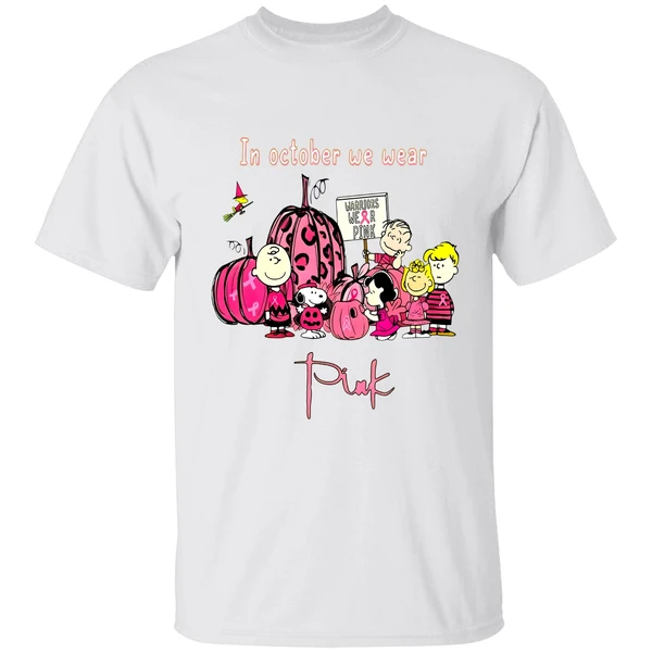 Peanut Snoopy Charlie Brown Friends In October We Wear Pink Breast Cancer Awareness Shirt - Image 9