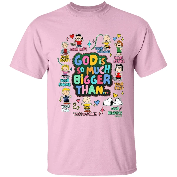 peanuts god is so much bigger than shirt lightpink
