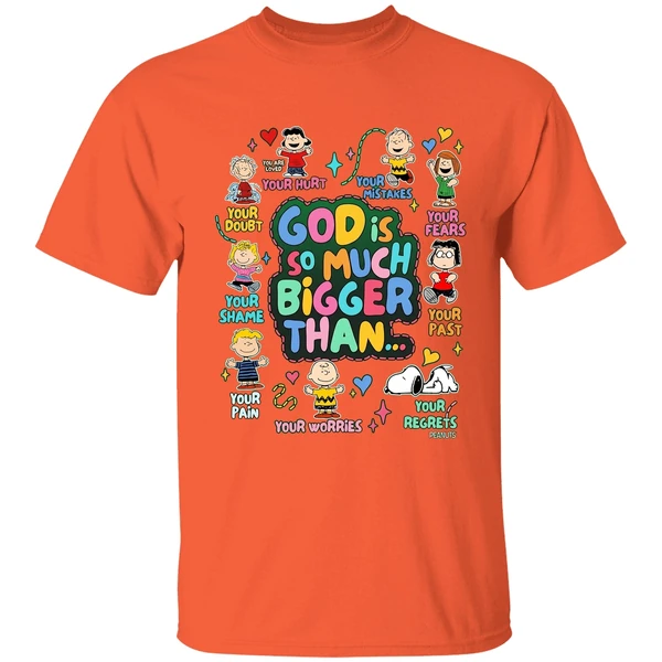 peanuts god is so much bigger than shirt orange