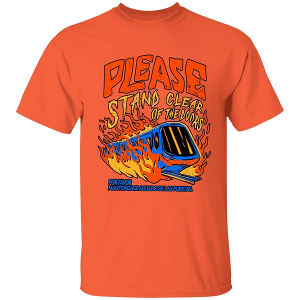 please stand clear of the doors por favor mantengase alejado de las puertas shirt orange