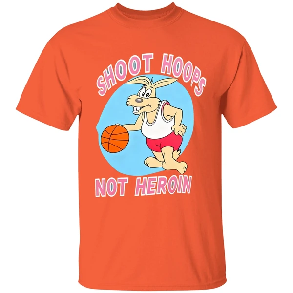 rabbit basketball shoot hoops not heroin shirt orange