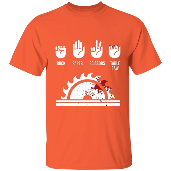 rock paper scissors table saw shirt orange