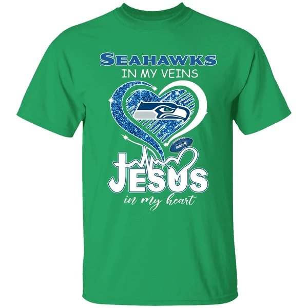 Seattle Seahawks In My Veins Jesus In My Heart Shirt - Image 2