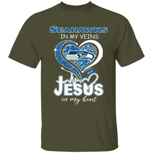 Seattle Seahawks In My Veins Jesus In My Heart Shirt - Image 4