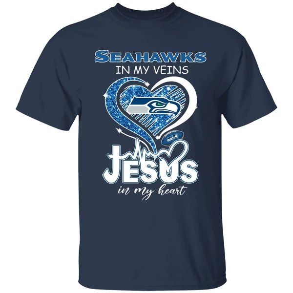 seattle seahawks in my veins jesus in my heart shirt navy