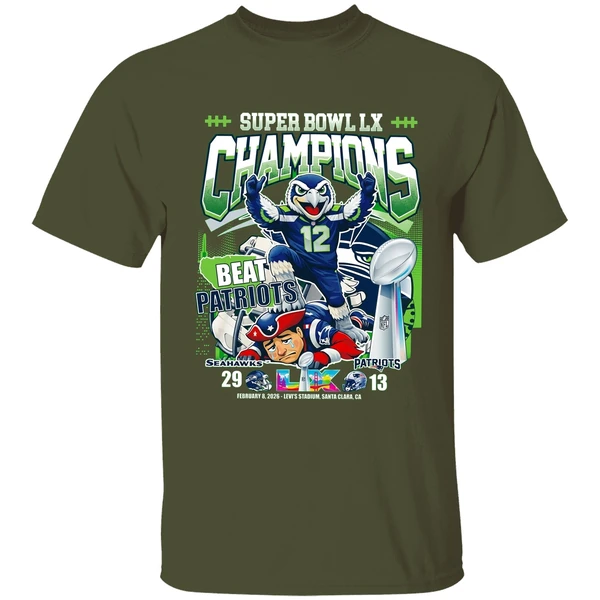 seattle seahawks super bowl lx champions beat patriots shirt militarygreen