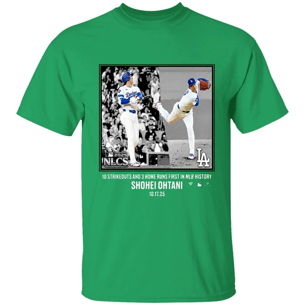Shohei Ohtani 10 Strikeouts And 3 Home Runs First History Shirt - Image 2