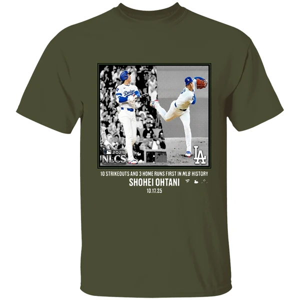 shohei ohtani 10 strikeouts and 3 home runs first history shirt militarygreen