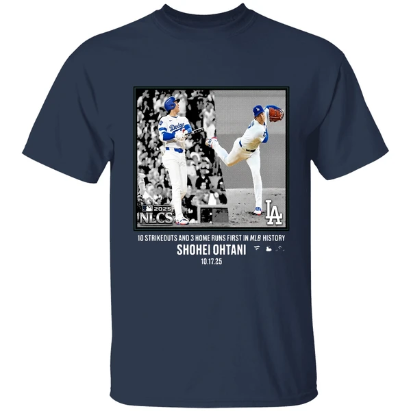 shohei ohtani 10 strikeouts and 3 home runs first history shirt navy