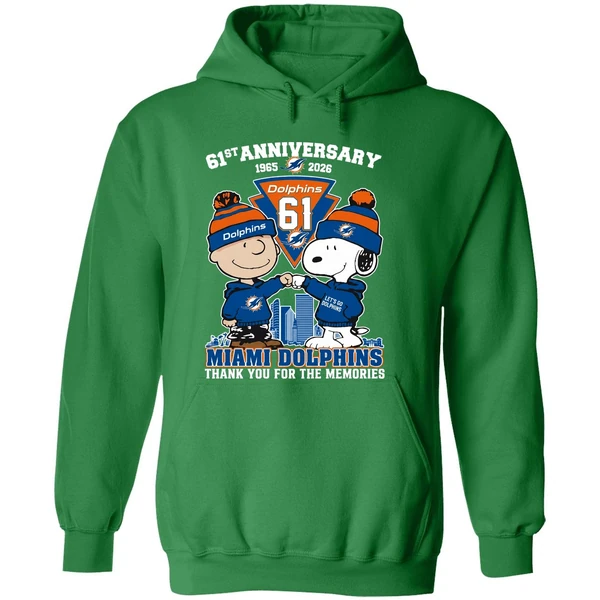 Snoopy And Charlie Brown Fist Bump Miami Dolphins 61st Anniversary 1965 2026 Hoodie - Image 2