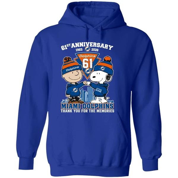 Snoopy And Charlie Brown Fist Bump Miami Dolphins 61st Anniversary 1965 2026 Hoodie - Image 7