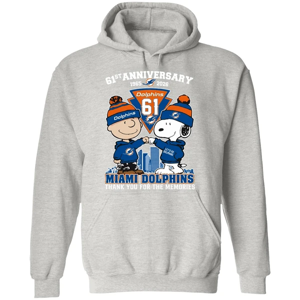 Snoopy And Charlie Brown Fist Bump Miami Dolphins 61st Anniversary 1965 2026 Hoodie - Image 9