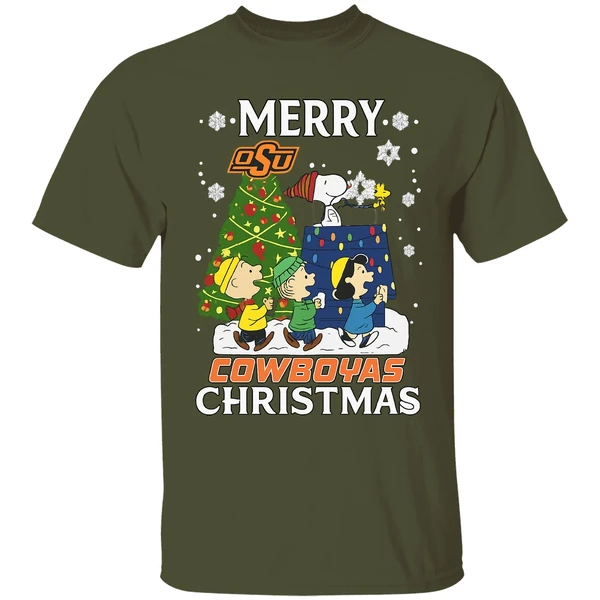 Snoopy And Friends Peanuts Merry Oklahoma State Cowboys Shirt - Image 4