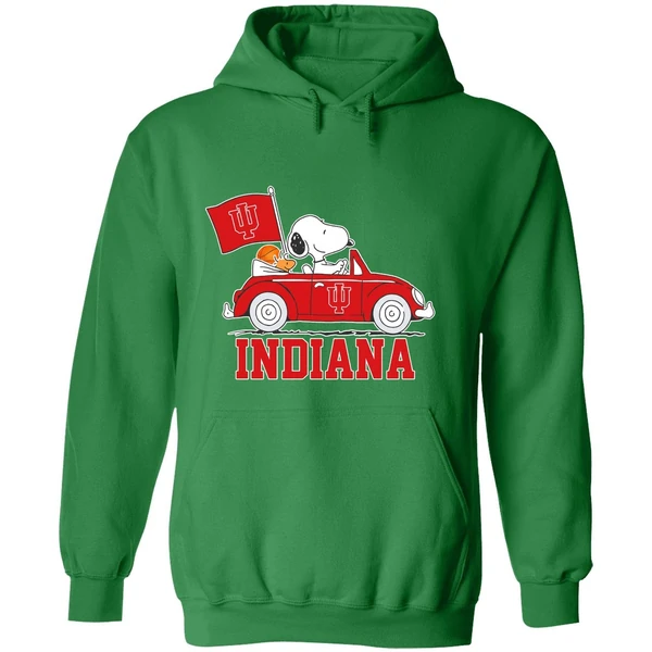 Snoopy And Woodstock Drive A Car Indiana University Bloomington Hoodie - Image 2