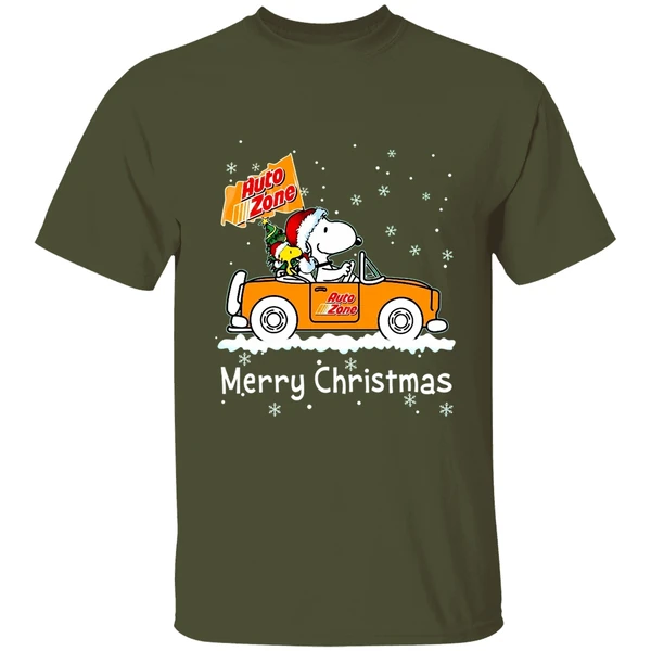 snoopy and woodstock driving car auto zone christmas 2023 shirt militarygreen