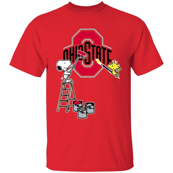 snoopy and woodstock painting ohio state buckeyes shirt red