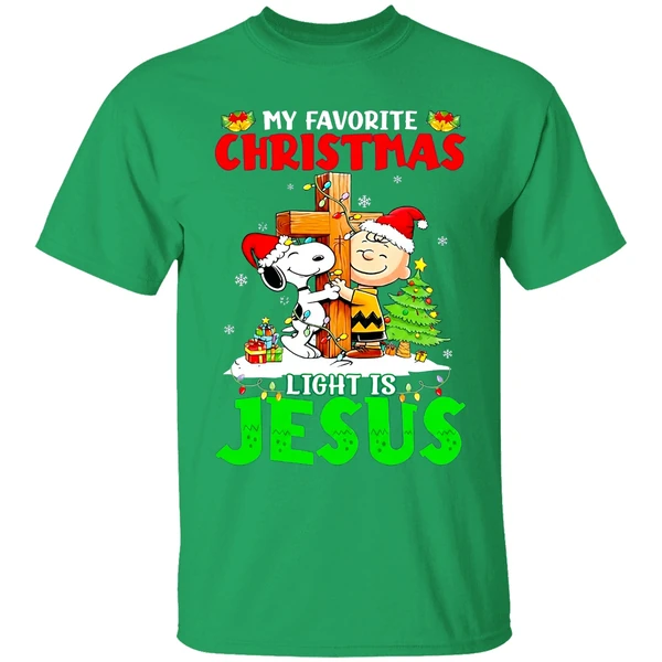 Snoopy Charlie Brown My Favorite Christmas Light Is Jesus Shirt - Image 2
