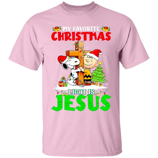 Snoopy Charlie Brown My Favorite Christmas Light Is Jesus Shirt - Image 3
