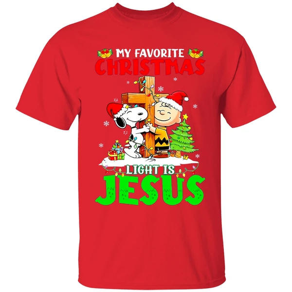 Snoopy Charlie Brown My Favorite Christmas Light Is Jesus Shirt - Image 7